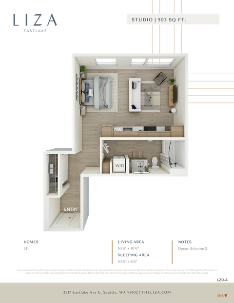 Liza Apartment 3D floor plan - studio 503 sqft